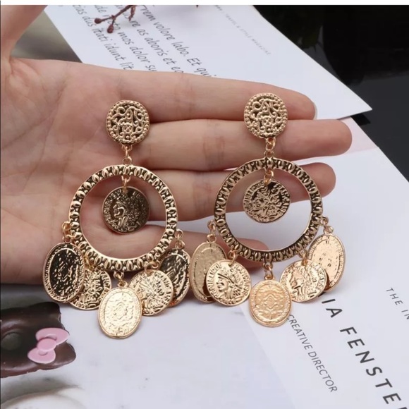NEW Gold Hoop Coin Dangling Boho Earrings - Picture 5 of 5